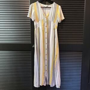 Cali Blue Classic Summer 100% Cotton Dress, White Mustard & Navy Size S/XS